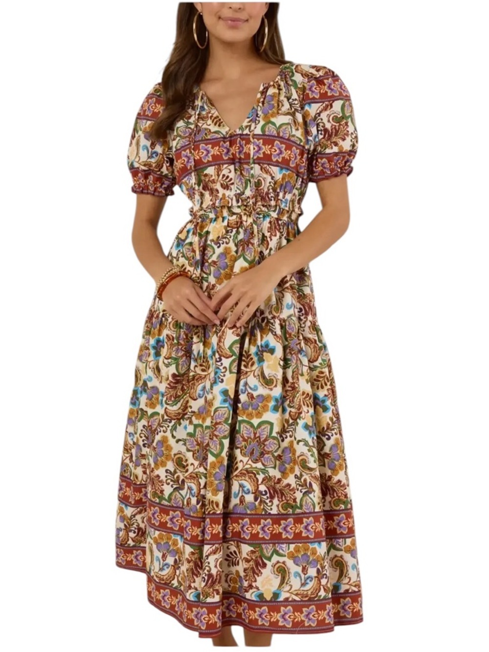 Avara Darcy multicolor floral v-neck tiered puff sleeve boho midi dress